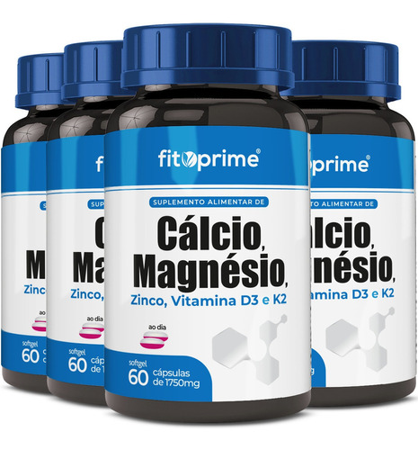 Cálcio Magnésio Zinco Vitaminas D3 K2 Mdk 60cps Kit 4 Potes