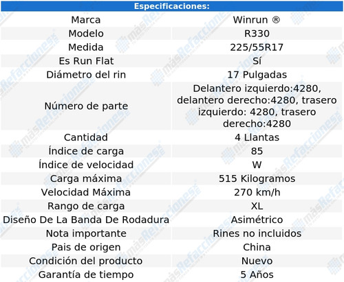 Paquete De 4 Llantas 225/55rf17(runflat) 85w Xl Winrun R330