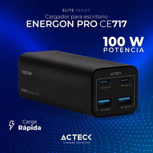 Cargador De Escritorio Acteck Ce717 Carga Ultra Rápida 100w Color Negro
