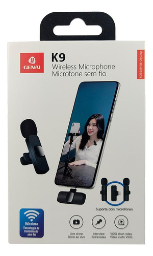 Microfone De Lapela K9 Duplo Sem Fio Para Celulares Tipo C
