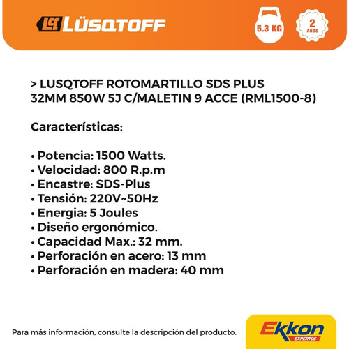 Imagen 3 de 8 de Rotomartillo Rotopercutor Lusqtoff Sds Plus 1500 W Maletín