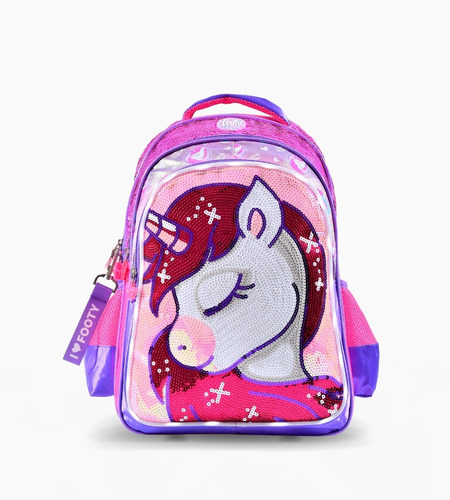 Mochila Espalda 18 PuLG Footy Unicornio Lentejuelas Luz Led