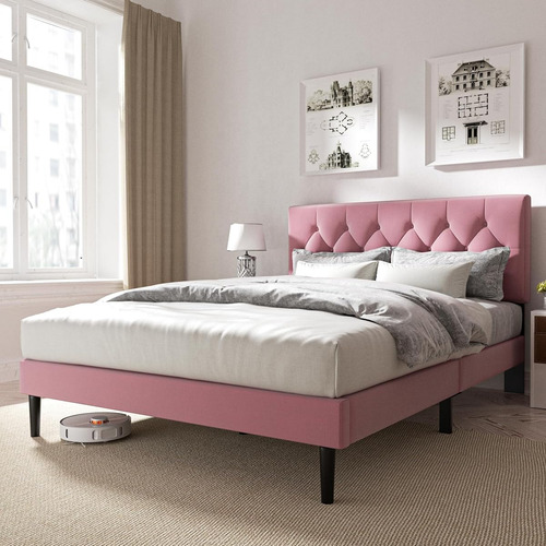 Bed Frame Sismplly Matrimoniall Tapizada Color Rosa
