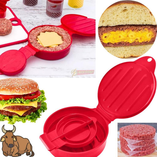 Modelador Forma De Fazer Hambúrguer Manual Recheado Gourmet Cor Vermelho