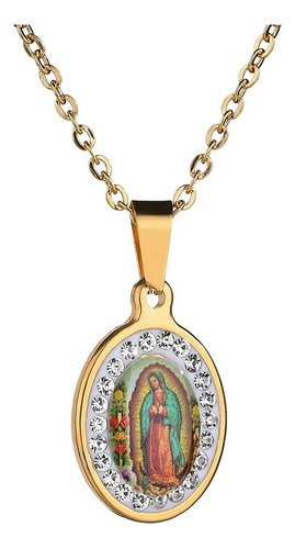 Collar Acero Inoxidable Virgen Guadalupe Dorado Zirconia