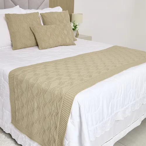 Kit Peseira Trico Cama Casal Queen Aran + 3 Capas Almofadas Cáqui Aran
