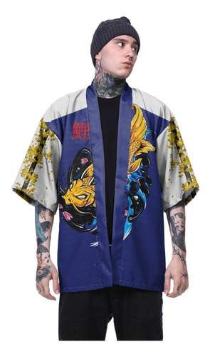 Kimono Haori Oriental Japão Carpa Koi Fish Kanji Retro Gold