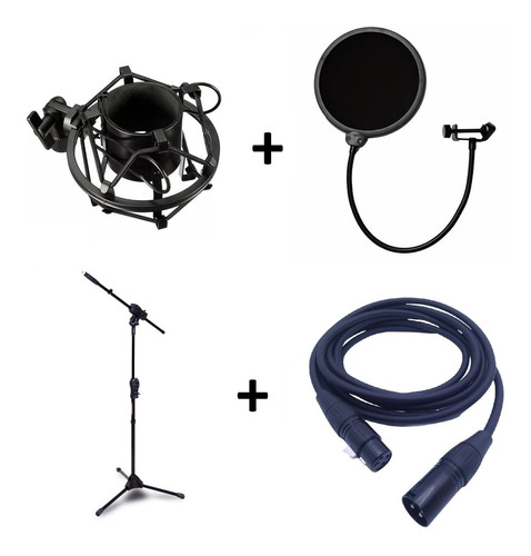 Kit Pedestal + Aranha + Pop Filter + Cabo Xlr Para Microfone