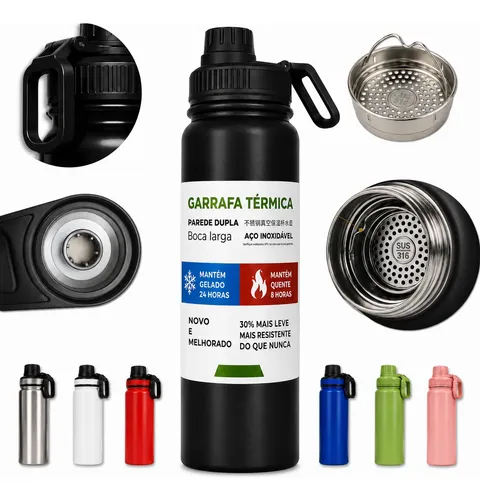 800ML GARRAFA TÉRMICA ÁGUA E CAFÉ SQUEEZE INOX ACADEMIA ALÇA PRETO