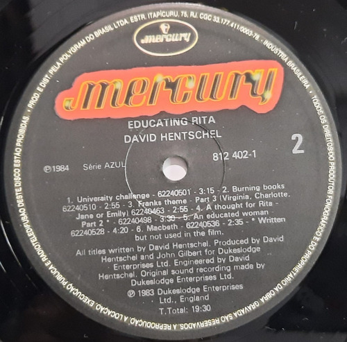 Lp - Educating Rita - David Hentschel - Trilha Sonora 1984 (Usado)