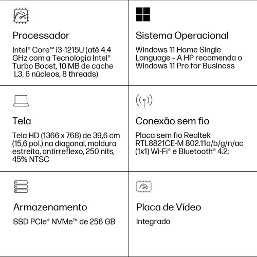 Notebook 256-g9 I3 8gb 256gb Ssd 15w11 7z3r2la Hp Cx 1 Un Cor Preto - Excelente (Recondicionado)