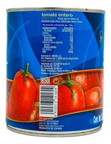 3 Pzas Tomates Pelados Cidacos Enteros En Lata 800 G