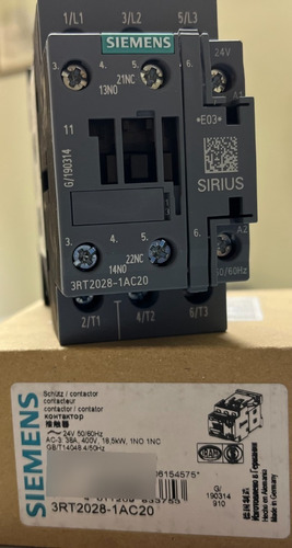 Contactor 3rt2028, 38a Ac-3, 18.5kw/400v Bobina 24vca S0 1na