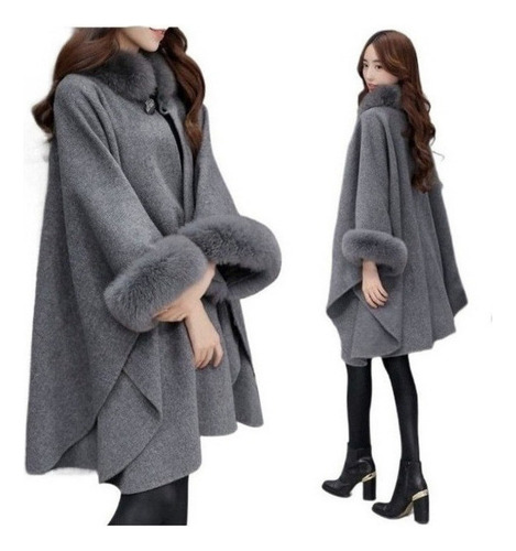 Abrigo De Lana Y Lana Con Cuello De Piel De Zorro Para Mujer