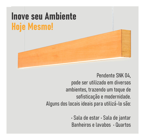 Lustre Madeira Retangular Linear Led Integrado 98cm -snk 04 Estrutura 3000k Branco Quente 110v/220v