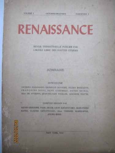 Revista Renaissance Octubre Decembre Volumen I Fasc 4 1943