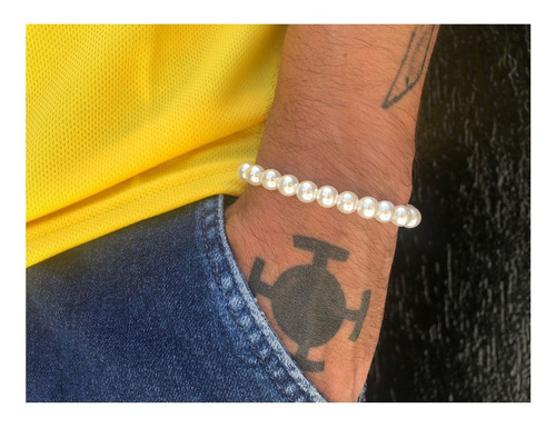 Colar Pérola Masculino Gargantilha + Pulseira Hype Ajustável Cor Branco