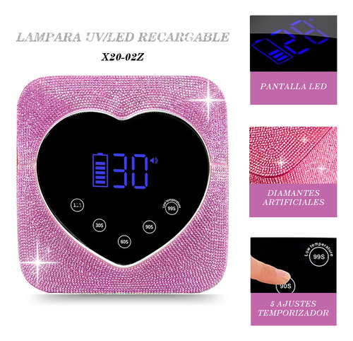 Lámpara Profesional Con Diamante Recargable Uv/led 72w Rosa