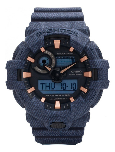 Reloj pulsera Casio GA-700DE-2ADR con correa de resina color azul - fondo negro - bisel negro con oro rosa