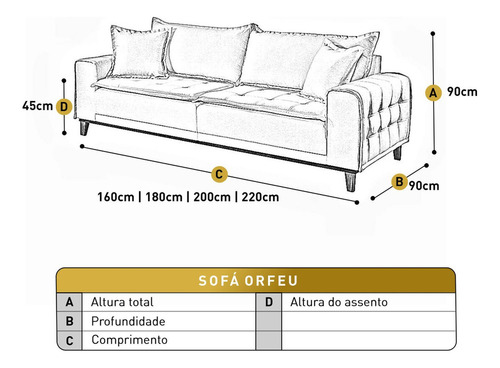 Sofá Fixo Orfeu 3 Lugares Luxo 1,80m Bege Ji