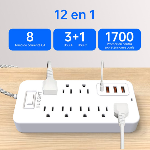 Regleta Multicontacto Con 3 Cargador Usb 8 Salidas 1 Tipo C