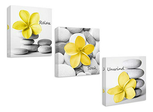 Cuadros De Baño Moderno Amarillo Y Gris Zen (set De 3)