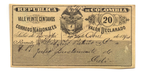 Cubierta De Valor Declarado Vale 20 Centavos 1894