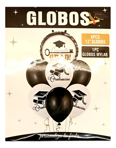 Set Globos Decoracion Graduación Kit 7 Pcs Blanco Y Negro