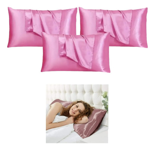 Funda Almohada Satin Tipo Seda Set X3 Unid Rosado