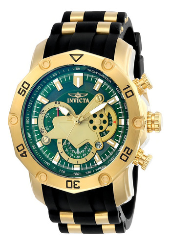 Reloj Invicta Pro Diver 23425 con cronógrafo y correa, color negro, bisel, color dorado, fondo verde