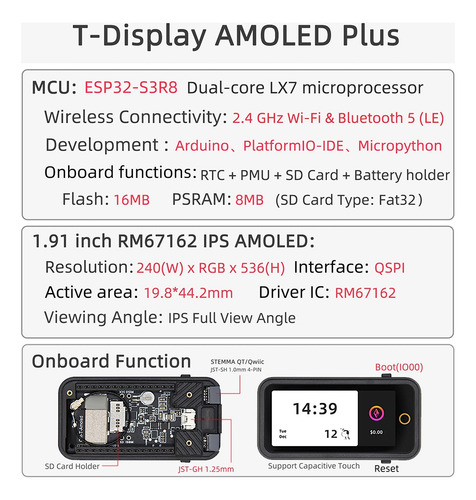 Placa De Desarrollo T-display Amoled Esp32-s3 De 1,91 Pulgad