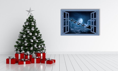 Cuadro Canvas Ventana Con Santa Claus Azul 75x50   