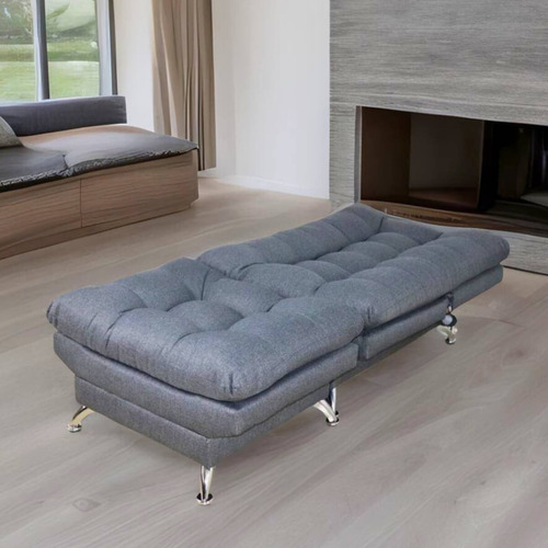 Sillón Con Taburete Futon Individual Sofa Cama Lino Hueso