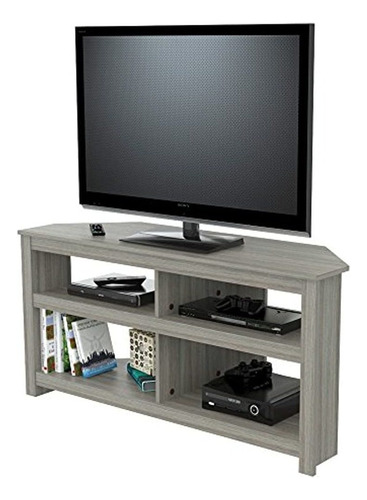 Mueble Para Tv Esquinero Con Estantes De Madera Color Gris.