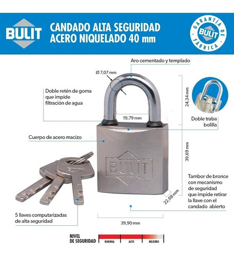 Candado Reforzado Acero Niquelado Bulit N° 40 Alta Seguridad Color Dorado Oscuro