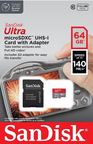 Micro Sd Xc - Sandisk Ultra 64 Gb, 140mb/s, Uhs-i, Clase 10,