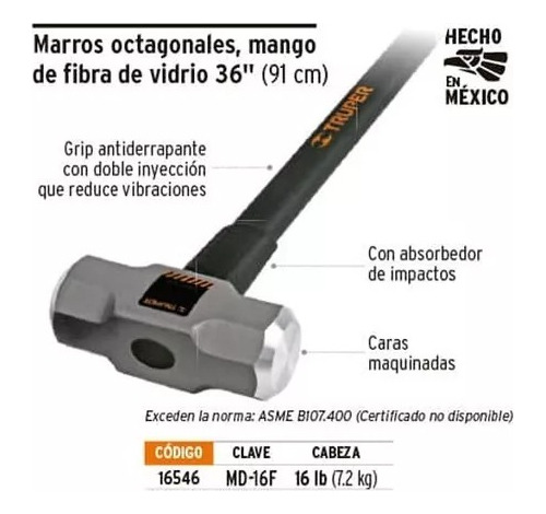 Marro Octagonal 16 Lbs, Mango Fibra De Vidrio Truper 16546