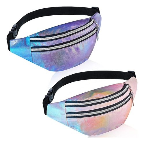 Cangurera Holográfica De Color Metálico, 2 Color Rosa Brillante Y Morado Diseño De La Tela Metalico