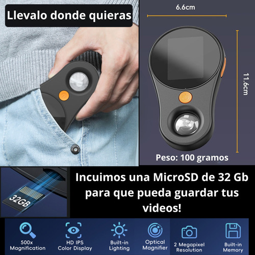 Microscopio De Bolsillo Digital Usb 500x Video Foto Pantalla Negro