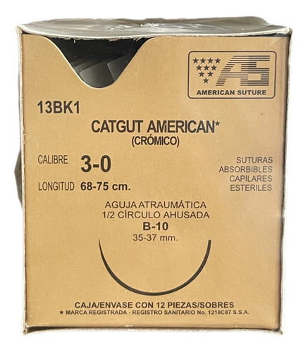Sutura Catgut Cromico 3-0  1/2 Circulo 35-37mm American