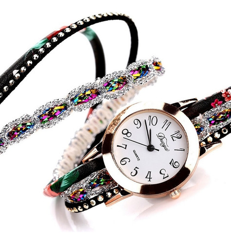 Relógio Bracelete Feminino Pulseira Couro Cristal Flores