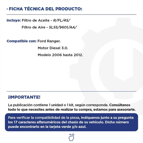 Imagen 2 de 9 de Kit Filtro Aceite + Aire Ford Ranger 3.0 Diesel 06/12