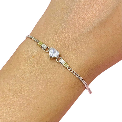 Pulsera Groumet Con Corazon De Plata Y Oro Femenino Ps 224