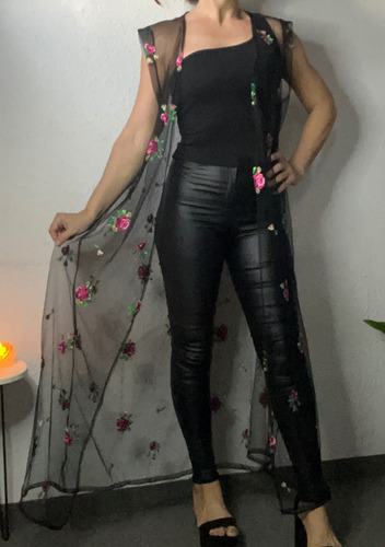 Kimono Vestido Largo Fiesta Noche Tul Bordado Túnica Chaleco