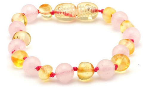 Pulseira De Âmbar Báltico Para Dentição - Quartzo Rosa E Lim