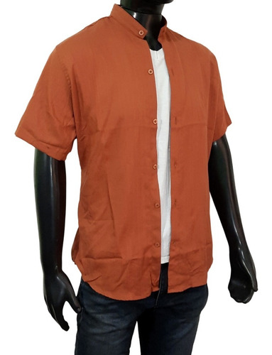 Camisas Hombre Manga Corta Lisas Lino Elastizado Cuello Mao