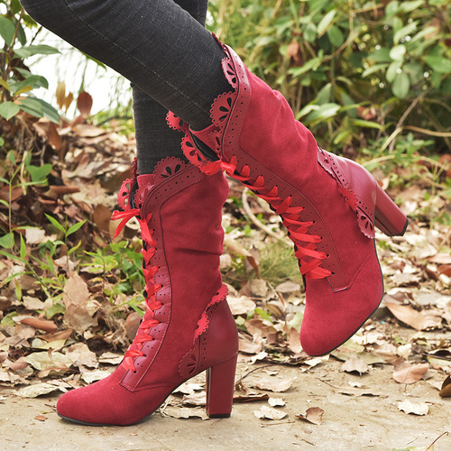 Botas A Media Pantorrilla Con Tacón Y Cordones Para Mujer