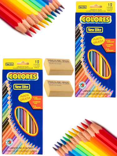 2 Cajas 12 Lápices Colores + 2 Sacapuntas O 2 Gomas Madera