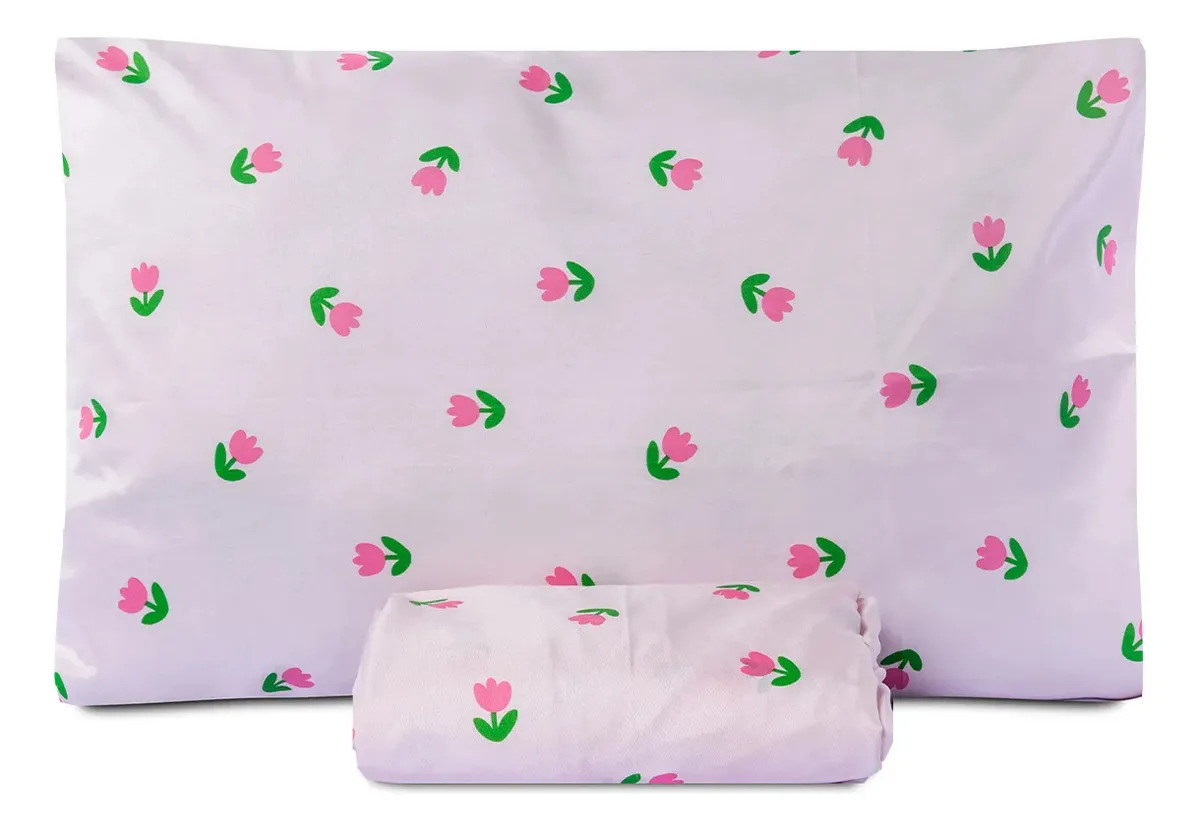 Jogo Lençol Com Elástico Solteiro Basic Estampado - 2 Peças Estampa Tulipa Rosa