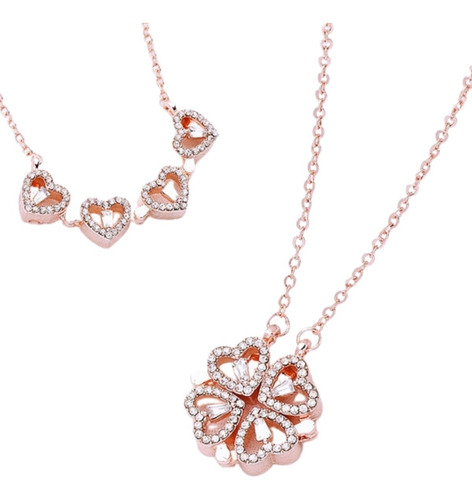 Imagen 9 de 10 de Collar Doble Vista Dorado Rosa Dije Corazones Trébol Mujer